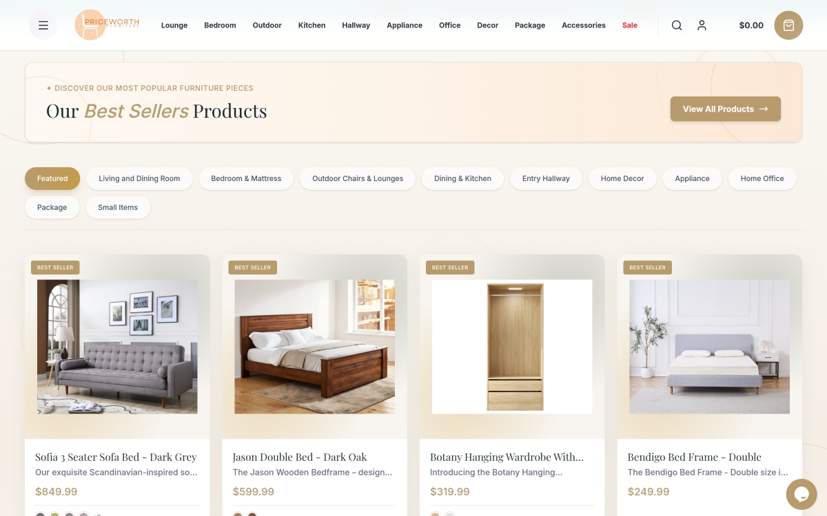 image of priceworth australian furniture e-commerce website